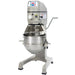 Globe SP30 30 qt grey floor planetary mixer with stainless steel bowl, wire guard and bowl lift lever, angled view