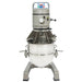 Globe SP60 60 qt grey floor planetary mixer with stainless steel bowl and wire safety guard, straight front view