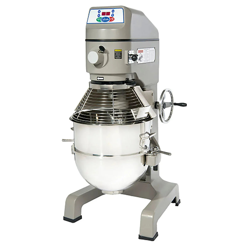 Globe SP60 60 qt grey floor planetary mixer with stainless steel bowl, wire guard and bowl lift handwheel, angled