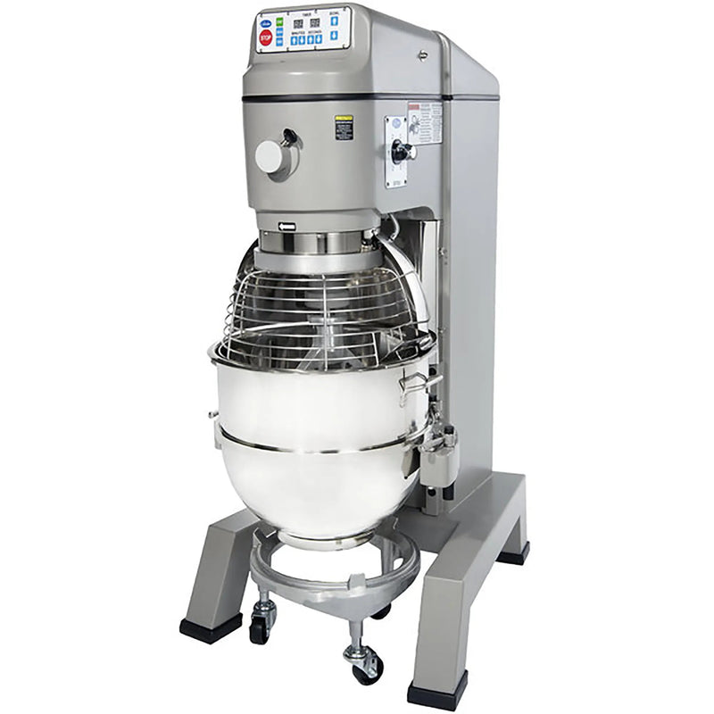 Globe SP80PL 80 qt pizza model floor planetary mixer in grey with stainless steel bowl on a wheeled bowl dolly