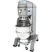 Globe SP80PL 80 qt pizza model floor planetary mixer in grey with stainless steel bowl on a wheeled bowl dolly