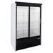 Habco SE40EHC 47-inch wide display refrigerator with double sliding glass doors, white and black cabinet, angled