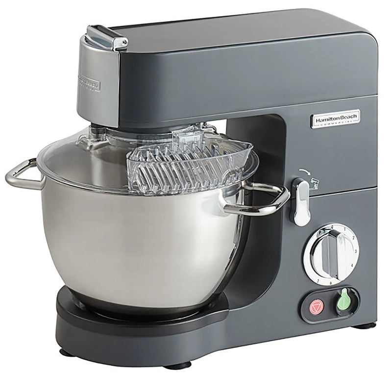 Hamilton Beach CPM800 commercial planetary stand mixer in grey with 8 qt stainless steel bowl and clear splash guard
