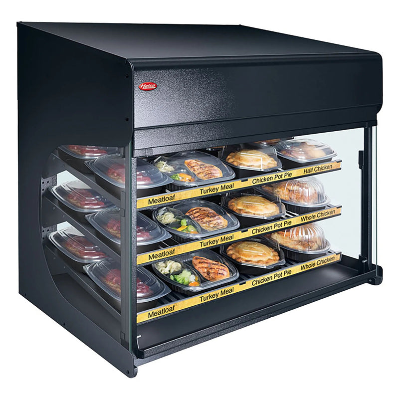 Hatco FS3HAC-3626 heated 36 inch pass through station in black shown with packaged meals on three shelves