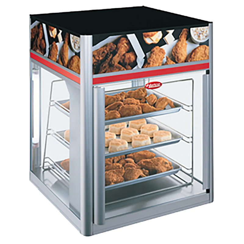 Hatco FSD-X Series glass display pizza/food warmer with fixed pan rack shown holding fried chicken, printed graphics