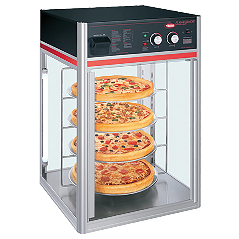 Hatco FSDT Series glass display pizza/food warmer with 4 tier rotating circle rack shown holding whole pizzas