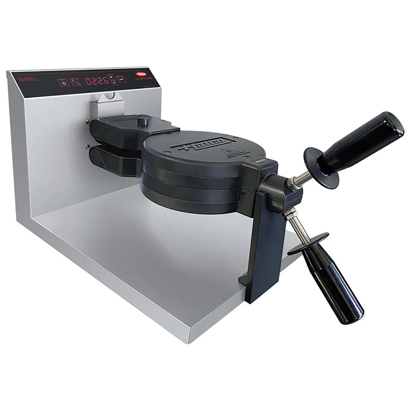 Hatco FWM-1B single Belgian waffle maker with black rotating cast grid, black handle and stainless steel stand