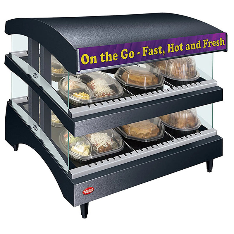 Hatco GR3SDS-27DCT heated glass 27 inch pass through station in black with two shelves of packaged hot meals