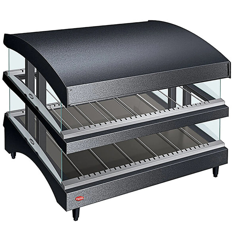 Hatco GR3SDS-33DCT heated glass 33 inch pass through station in black with two slanted wire shelves, angled view