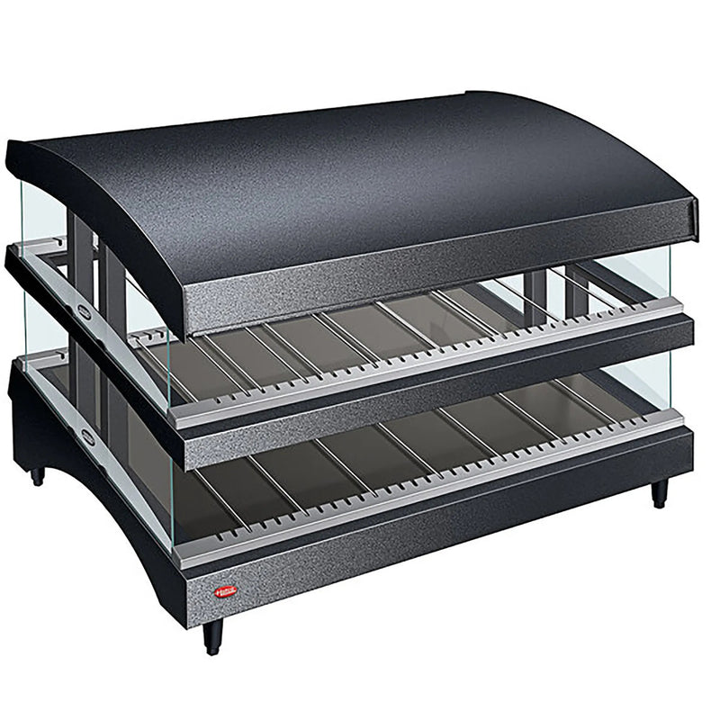 Hatco GR3SDS-39DCT heated glass 39 inch pass through station in black with two slanted wire shelves, angled view