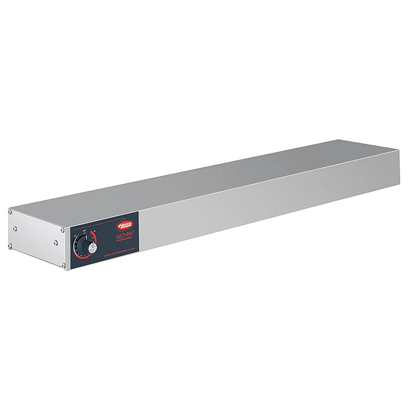 Hatco GRAH-72 high wattage 72 inch electric strip heater in aluminum with infinite control knob, angled front view