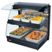 Hatco GRCMW-1D double shelf 26 inch open heater merchandiser shown with dishes of fried chicken and hot sides