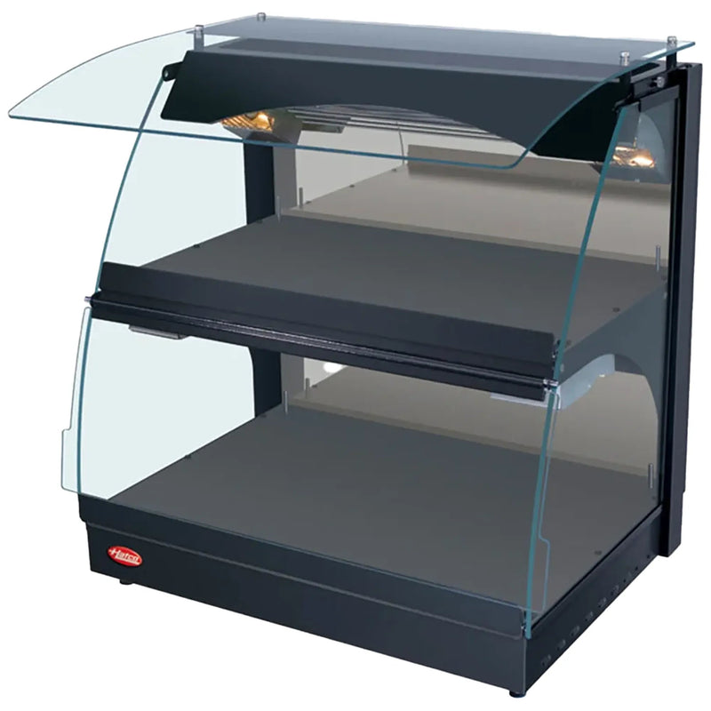 Hatco GRCMW-1D double shelf 26 inch open heater merchandiser in black with curved glass sides, shelves empty