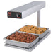 Hatco GRFFB countertop chip dump station with light, heats from above and below, shown holding meatballs
