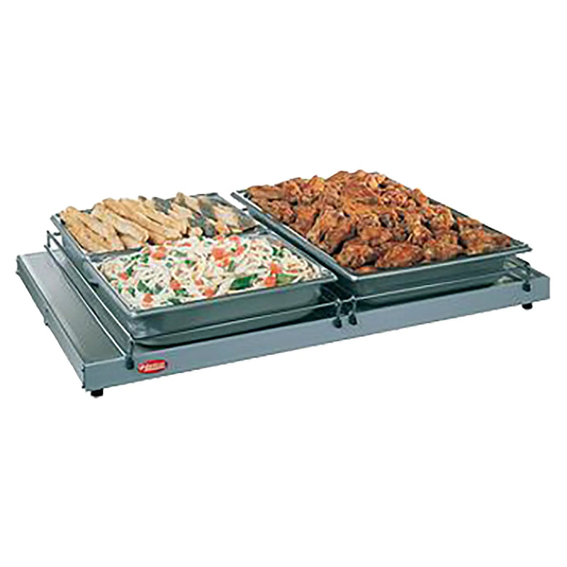 Hatco GRS-48-I countertop 48 inch heated shelf in aluminum shown holding two pans of rice and chicken wings