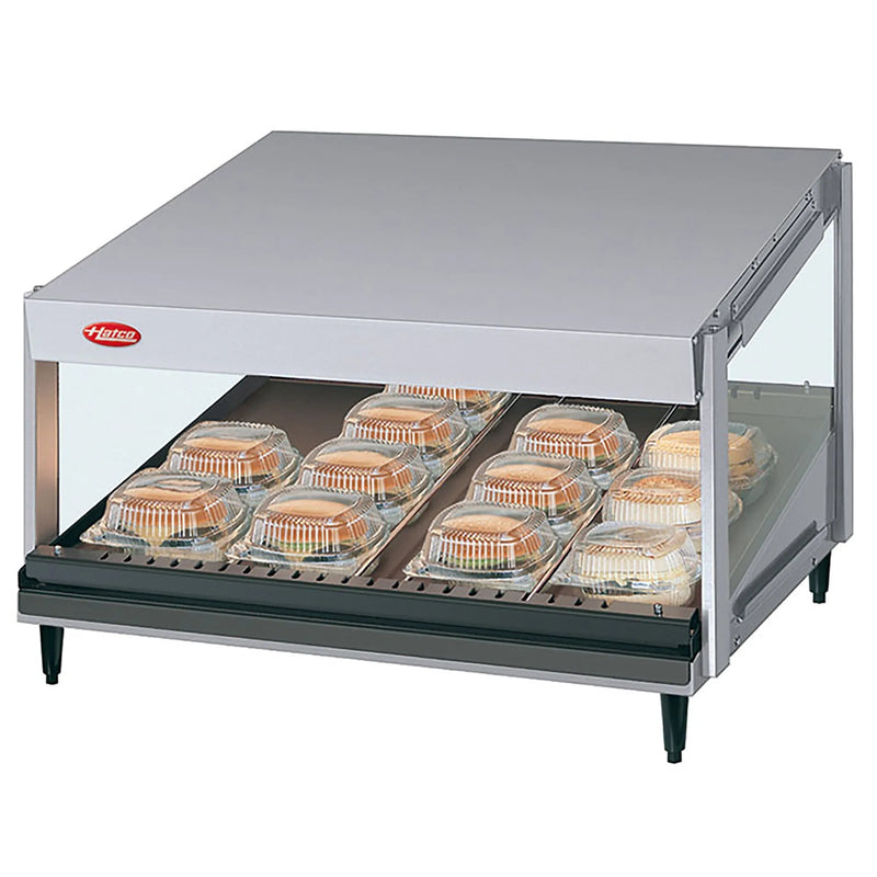 Hatco GRSDS-24 merchandising 24 inch single shelf warmer in aluminum shown holding wrapped sandwiches