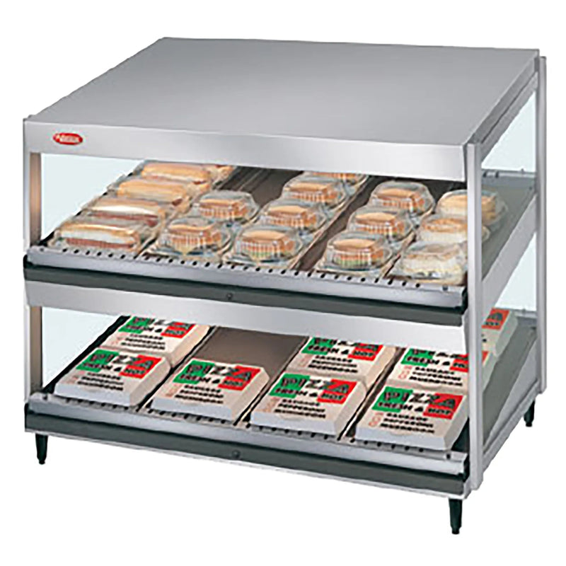 Hatco GRSDS-30D merchandising 30 inch double shelf warmer in aluminum with sandwiches and pizza boxes on shelves