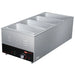 Hatco HW-43 4/3 size electric food warmer shown with three stainless steel food pans in the well, angled view