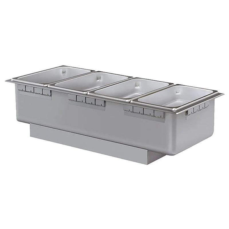 Hatco HWB-43 four-third size drop-in electric food warmer in stainless steel shown with four food pans, angled