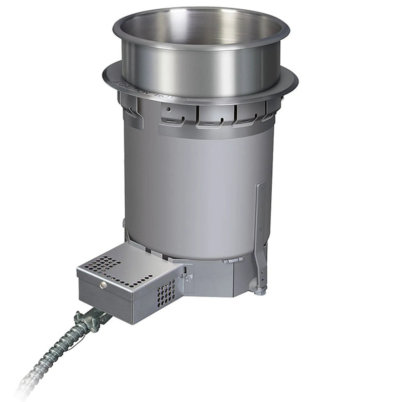Hatco HWB-4QT 4 quart round drop-in soup warmer in stainless steel with wired control box and conduit, angled view
