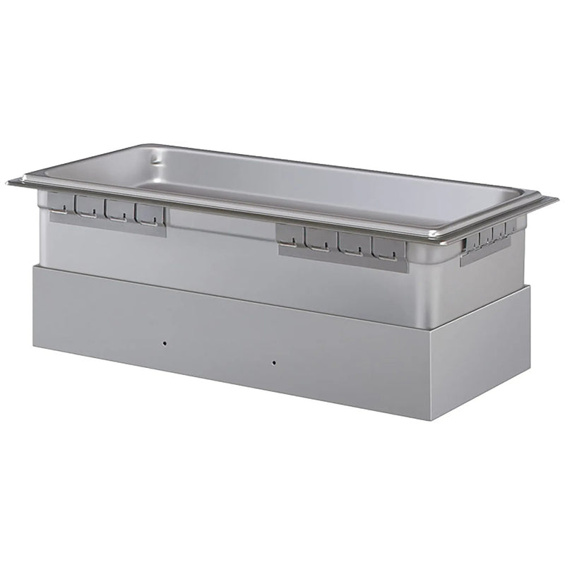 Hatco HWB-FUL standard wattage full size drop-in electric food warmer in stainless steel with top flange, angled