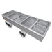 Hatco HWBI-1 drop-in electric food warmer in stainless steel, four well size shown with assorted food pans, angled