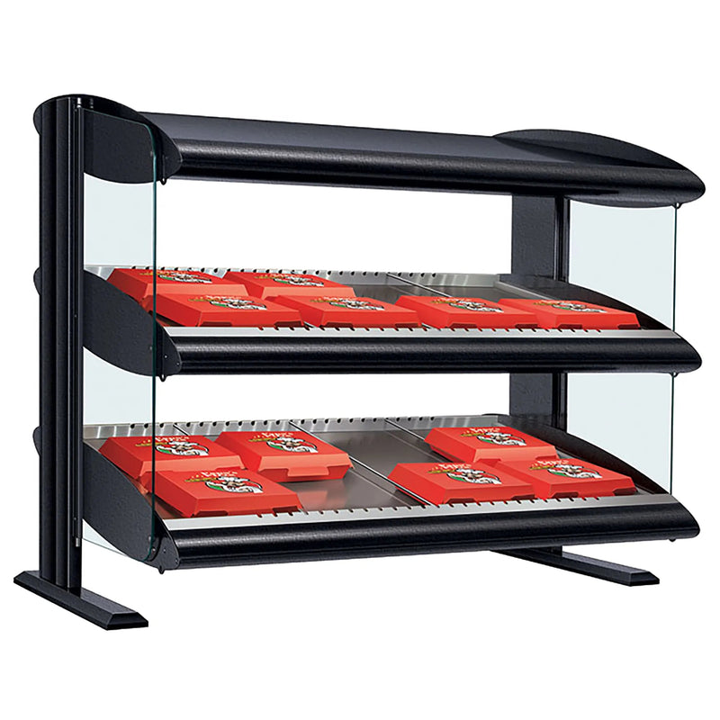 Hatco HXMS-24D heated 28 inch pass through station in black with two slanted shelves holding red pizza boxes