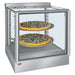 Hatco IHDCH-28 glass display 28 inch pizza/food warmer in stainless steel with two whole pizzas on rack shelves