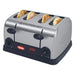 Hatco TPT-120 commercial 4 slot pop-up toaster in stainless steel shown with toasted bread in all four slots