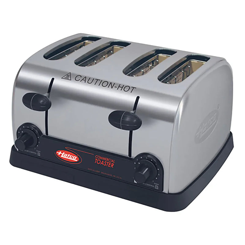 Hatco TPT-120 commercial 4 slot pop-up toaster in brushed stainless steel with black base and dial controls, empty