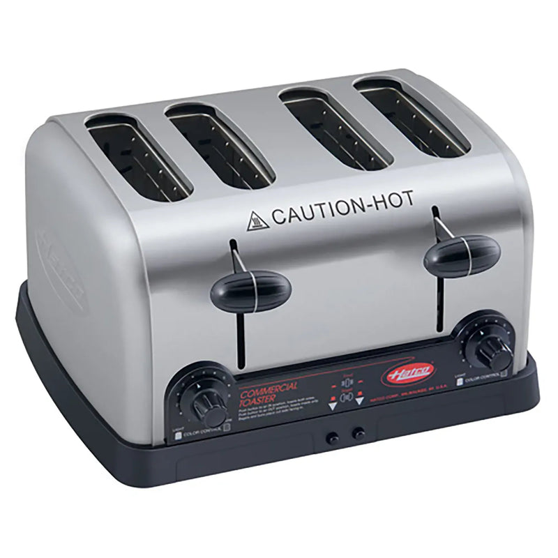 Hatco TPT-208 commercial 4 slot pop-up toaster in brushed stainless steel with black base and levers, empty