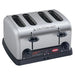 Hatco TPT-208 commercial 4 slot pop-up toaster in brushed stainless steel with black base and levers, empty