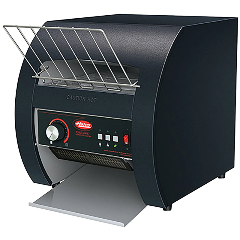Hatco TQ3-10 conveyor toaster in black with 2 inch opening, wire bread loading rack and front digital controls