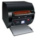 Hatco TQ3-2000H conveyor toaster in black with 3 inch opening, glowing heating elements and stainless landing tray