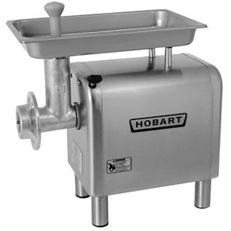 Hobart 4822-38 size 22 meat grinder, stainless steel benchtop unit with feed tray, stomper and front grind head, angled
