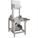 Hobart 6614-3 hose down washable band saw, left angled view of the stainless frame, meat pusher and motor below table
