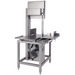 Hobart 6801-22 floor model band saw, front view of the stainless steel blade housing, cutting table and open base
