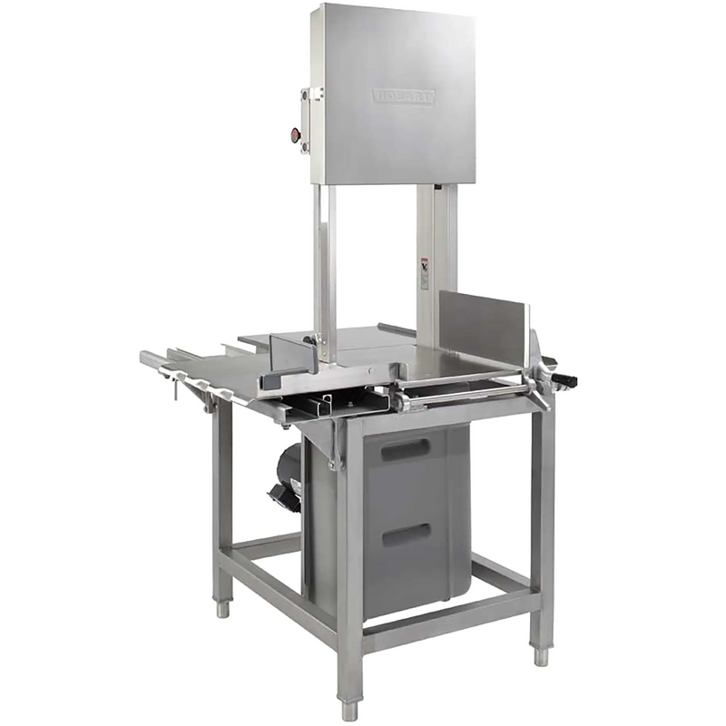 Hobart 6801-22 floor model hose down washable band saw, stainless steel frame with sliding table, right angled view