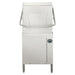 Hobart AM16-BASX-2 hood type pass through dishwasher, front view of the stainless hood, handle and lower cabinet