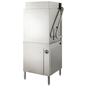 Hobart AM16T-BASX-2 high-temp tall hood pass through dishwasher, stainless steel with hood lowered, angled view