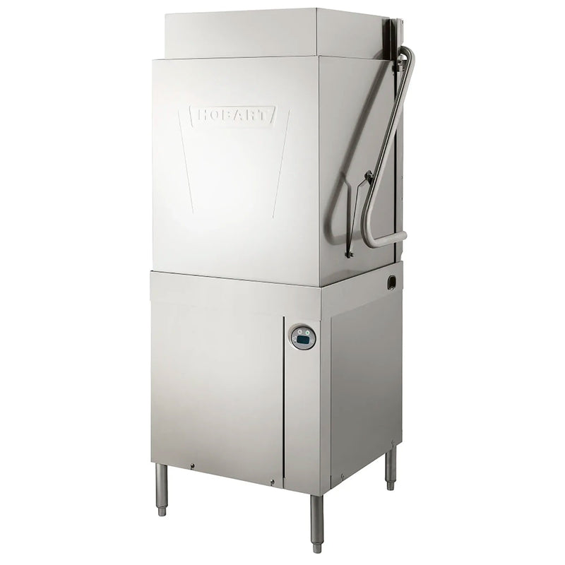 Hobart AM16T-BASX-2 high-temp tall hood pass through dishwasher, stainless steel with hood lowered, angled view
