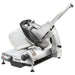 Hobart HS9 Series automatic aluminum meat slicer with 13-inch blade, carriage, pusher arm and black base, angled view