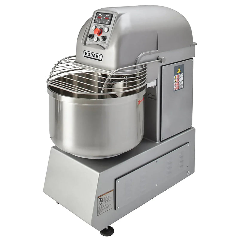 Hobart HSL130 dual speed 100 qt commercial spiral mixer, grey body with stainless steel bowl and wire guard, angled