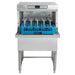 Hobart LXGER-1 under counter glass washer with door lowered showing a blue glass rack loaded with glasses