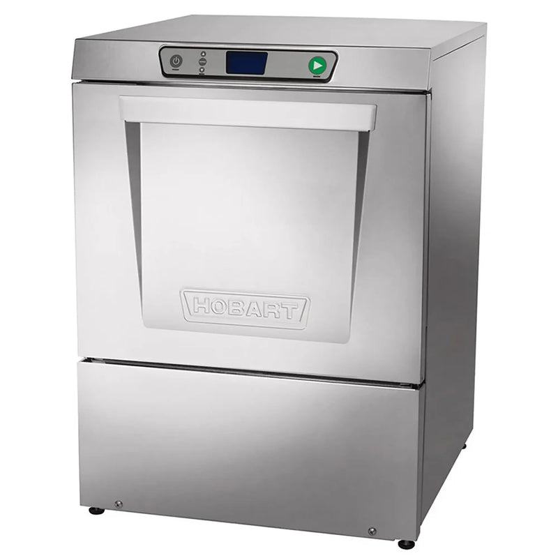 Hobart LXNH-2 high-temp under counter dishwasher, stainless steel with door closed and top control panel, angled view