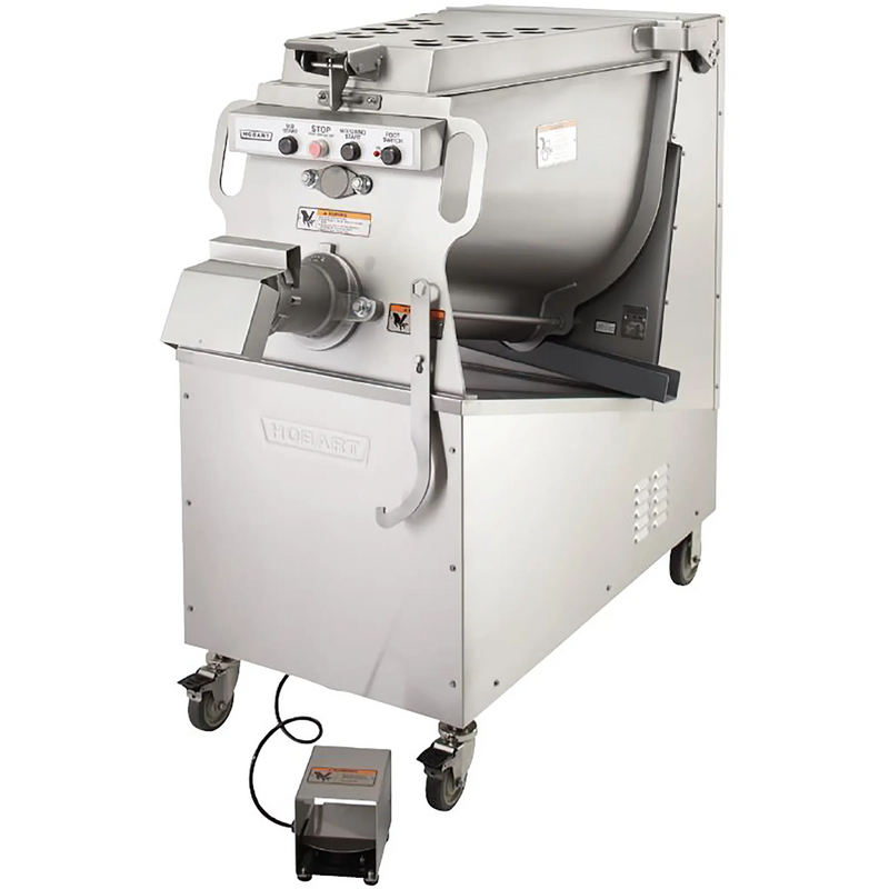 Hobart MG1532-16 size 32 meat grinder/mixer, stainless steel hopper cabinet on casters with foot pedal switch, angled