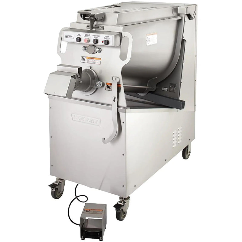 Hobart MG2032-1 size 32 meat grinder/mixer, stainless steel mixing hopper on casters with foot pedal control, angled