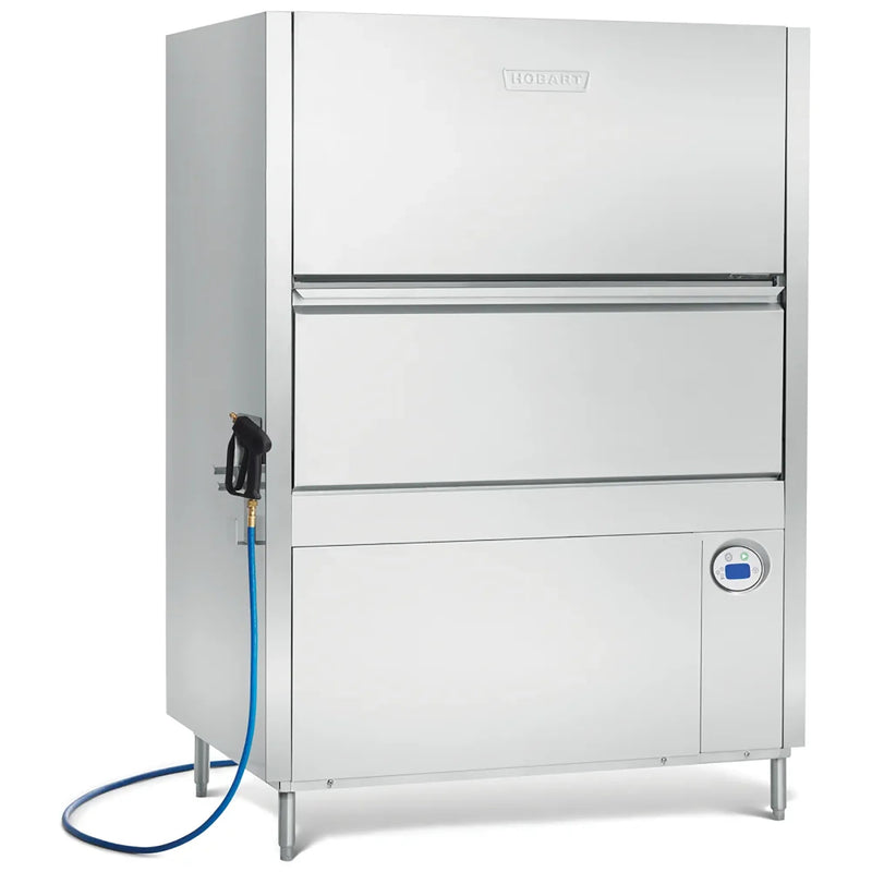 Hobart PW-20 high-temp hood type large pot and pan washer, wide stainless steel unit with side hose, angled view