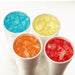 Hoshizaki F-822MAK-C modular ice machine, cubelet ice in four cups with blue, yellow, orange and red syrup
