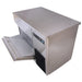 Hoshizaki IM-200BAC cube ice machine in stainless steel, angled view with the front bin door pulled open
